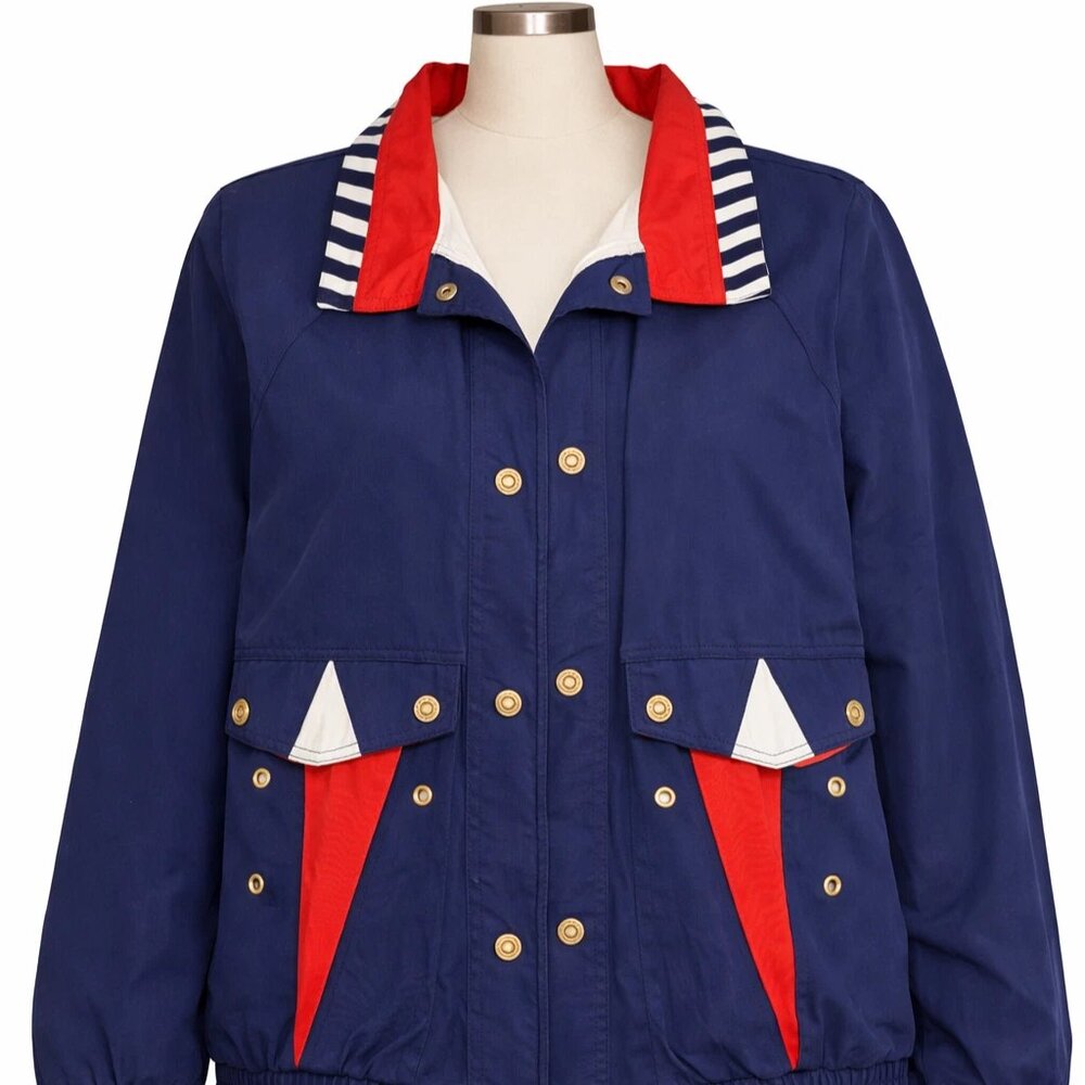 Vintage 80s Outbrook Navy red white Light Windbreaker Jacket Medium EUC button